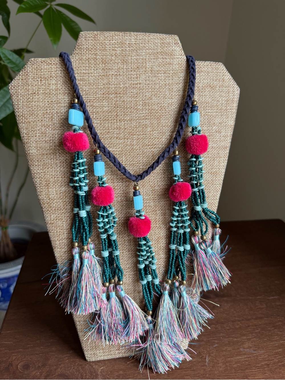 Noonday Collection Turquoise Beaded Tassel Necklace with Pink Pom Details